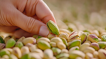 Hand picking a fresh, open pistachio from a pile of others. Focus on healthy snacking with these delicious and nutritious nuts.