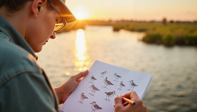 Young woman sketching birds by the river at sunset