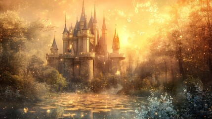 Fototapeta premium A Majestic Castle Stands Illuminated Amidst a Sparkling Forest Scene