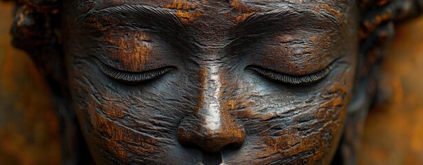 Serene Wooden Buddha Face Close-Up of a Tranquil Carving