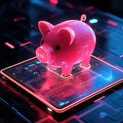 Digital savings revolution neon piggy bank concept futuristic environment 3d visualization...