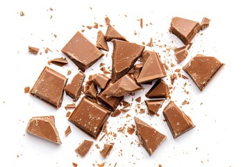 Fototapeta premium Broken chocolate bar pieces isolated on white background food photography
