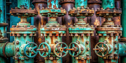 Fototapeta premium Rusted valves with intricate wheels are arranged in a row, connected to large pipes covered in blue-green patina, depicting age and industrial use in a facility