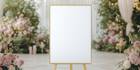 Elegant event easel with blank display for personalized messaging amidst floral decorations and soft lighting, ideal for weddings or special announcements.