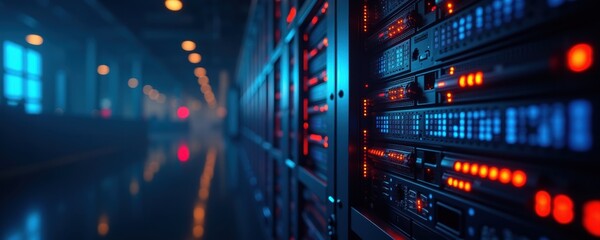 Naklejka premium Futuristic data center with illuminated server racks, showcasing advanced technology and a sleek, high-tech atmosphere.