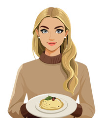 Vsai smiling woman holding plate with dessert and berries