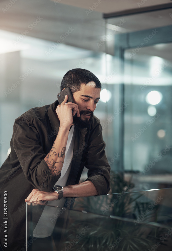 Poster creative, designer and man with phone call in startup with client for feedback, project update and t