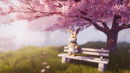 Adorable rabbit with soft fur sits on a weathered bench under a blooming cherry tree in a dreamy spring landscape. Pink petals, lush grass, and soft mist create a magical and serene atmosphere
