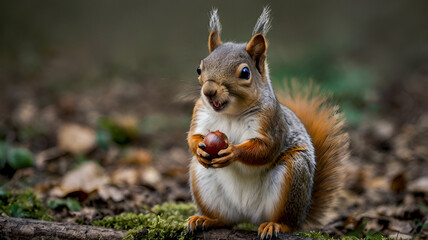 Obraz premium A squirrel holding a nut in its paws and almost appearing to smile