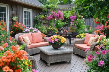 Fototapeta premium Colorful patio garden, wooden deck, relaxing scene, summer backyard, great for a photoshoot