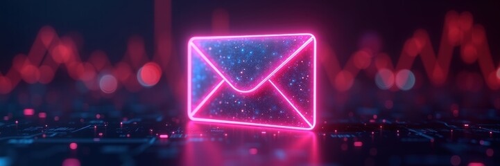 Naklejka premium A neon pink envelope icon illuminated against a digital backdrop, symbolizing modern communication, mail, and digital messaging technology.