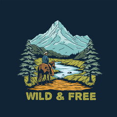 hand drawn image of a cowboy riding a horse and looking at the natural scenery