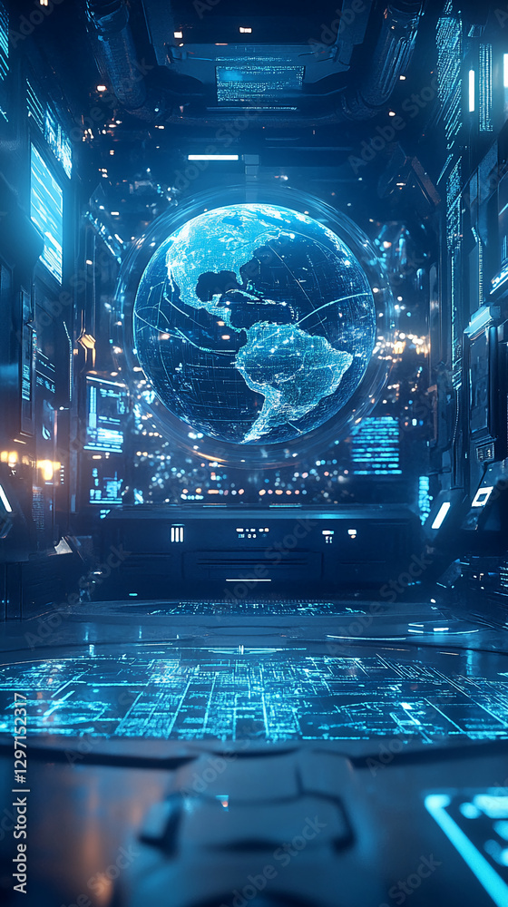 Aufkleber A futuristic view of Earth floating in a high-tech environment with glowing neon circuits and data panels, symbolizing advanced technology, global connectivity, and digital innovation.