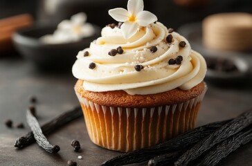 Delicious Vanilla Cupcake Topped with Creamy Frosting, Chocolate Sprinkles, and a Fresh Blossom on Dark Stone Surface