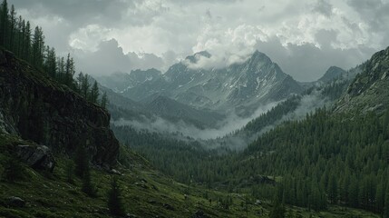 Obraz premium Majestic Mountain Range Enveloped in Mist