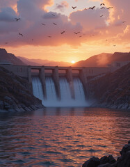 Hydroelectric Dam at Sunset – A Majestic View