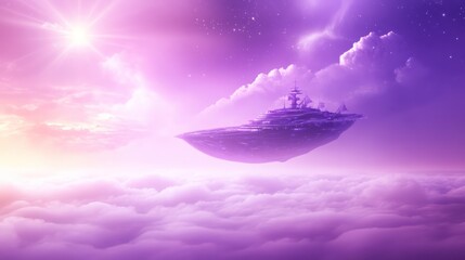 Naklejka premium A large futuristic spaceship flying above clouds in the heavens