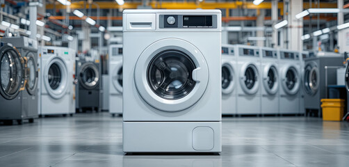 Fototapeta premium A sleek, white washing machine stands prominently in a well-lit appliance showroom filled with various models. The setting showcases a clean and organized retail space