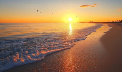 Fototapeta premium Stunning Golden Sunset Beach Ocean Waves Peaceful Sky Scenic Tranquil Summer Vacation Paradise Tropical Idyllic Seascape