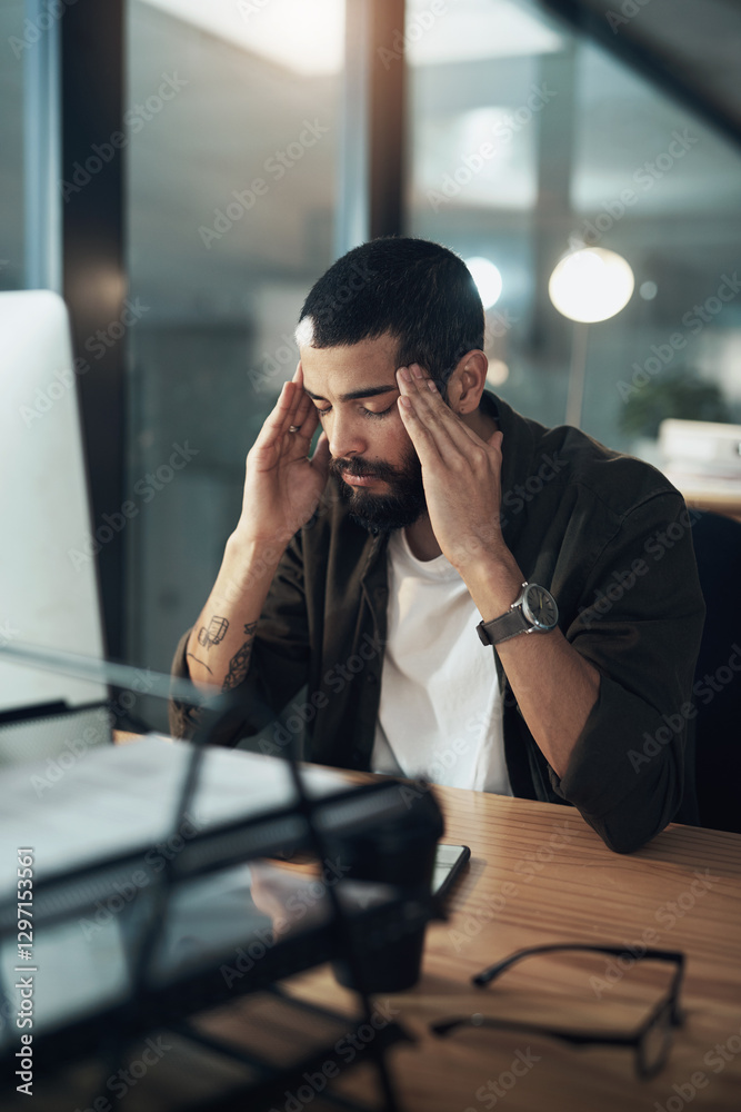 Aufkleber Burnout, computer and night with designer man in office for website coding or programming deadline. Business, headache and stress with tired programmer employee in creative workplace for overtime
