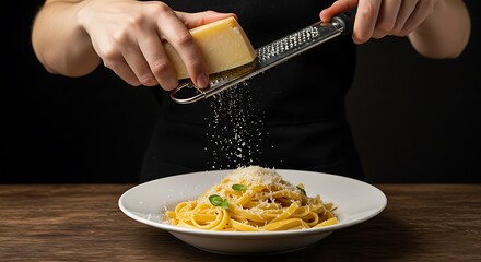  Closeup of hands grating fresh Parmesan cheese over a plate of delicious pasta a culinary delight perfect for food blogs recipe websites or restaurant menus