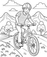 Teenage Boy Mountain Biking Coloring Page – Black and White