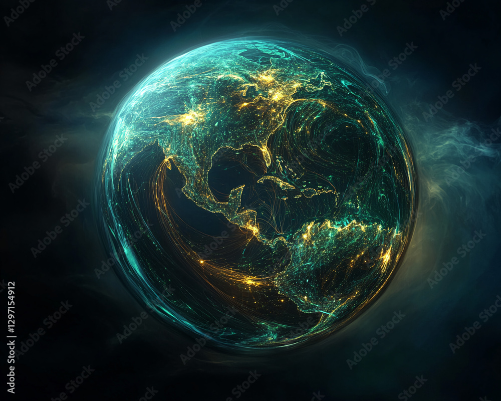 Poster a digital rendering of earth glowing with lights, showcasing a network of connections and the flow o