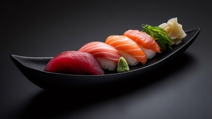 Fresh nigiri sushi with tuna, salmon and seaweed on black plate