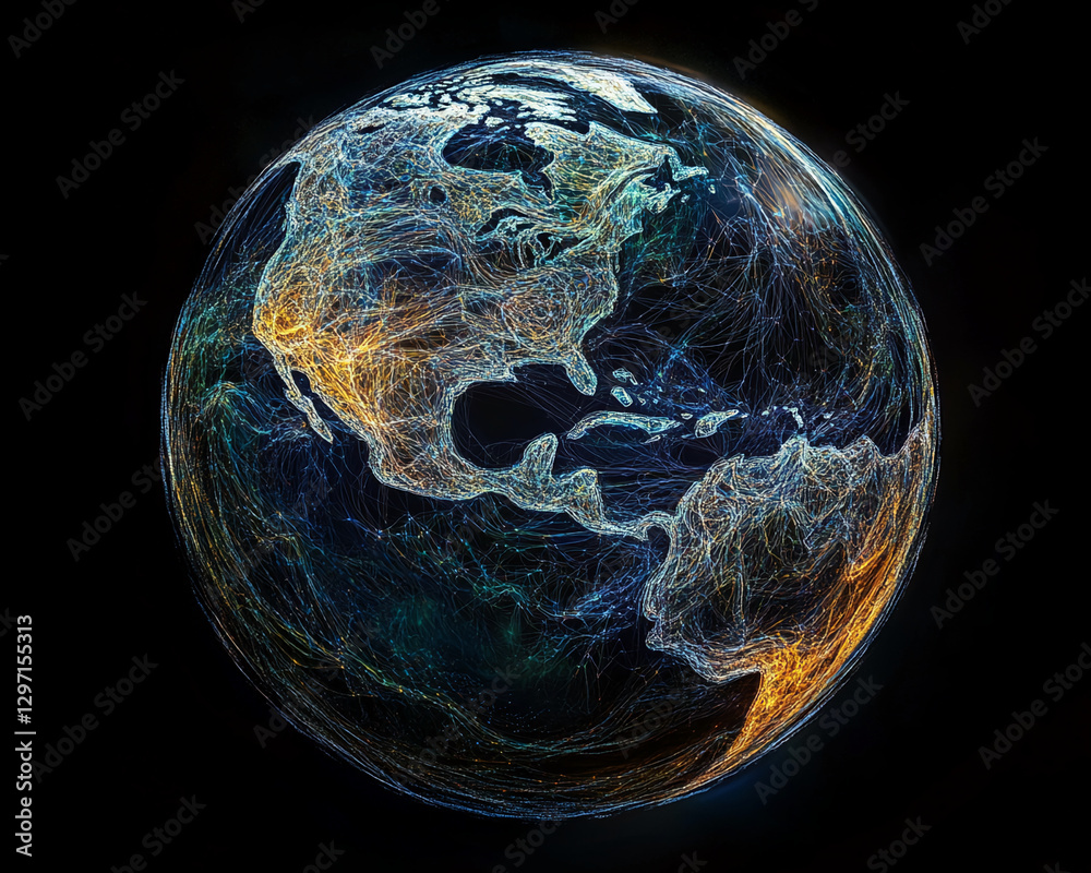 Poster a glowing digital illustration of earth showcasing interconnected lines of light representing global