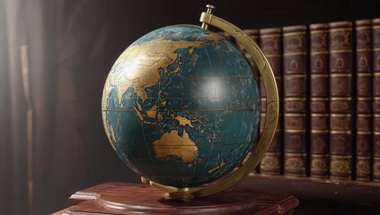 Vintage globe with a brass stand placed on a wooden desk, surrounded by antique leather-bound books, symbolizing history, exploration, geography, knowledge, and classic academic elegance
