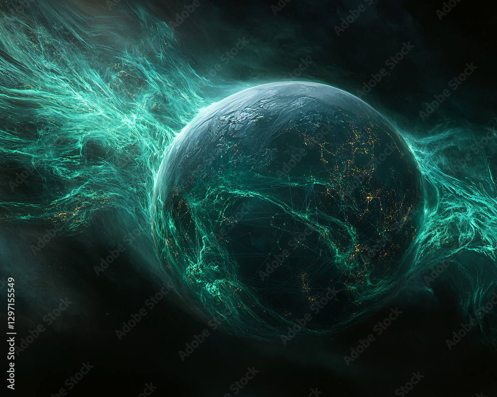 Poster a glowing digital illustration of earth with dynamic neon green flowing lights representing intercon