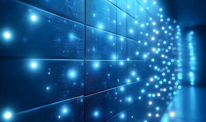 Data center server racks with glowing lights for a high tech background