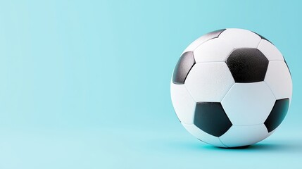 Naklejka premium Classic black and white soccer ball resting on a bright cyan blue backdrop in studio light.