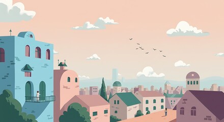 Serene pastel-colored town overlooking a distant city skyline at sunset Two small figures enjoy the view from rooftops adding a touch of human scale to the picturesque scene
