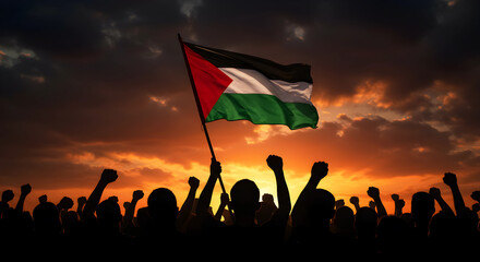 Free Palestine, Save Palestine: Crowd Silhouette with Flag at Sunset - Freedom, Protest, Solidarity