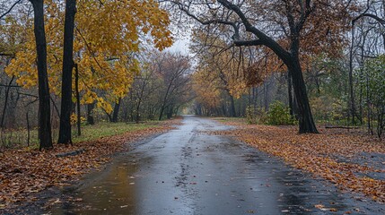 Vibrant Autumn Maple Leaves on Wet Asphalt Road | Seasonal Foliage Nature Background for Digital Design and Content Creation