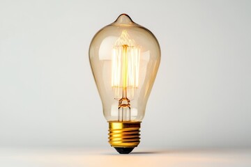 A glowing vintage Edison light bulb with a clear glass and gold base, isolated on a white background.