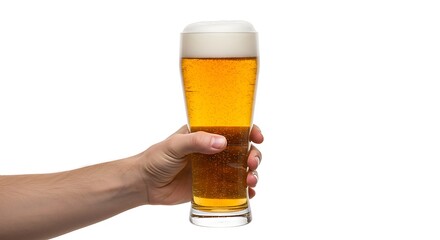 Closeup of a male hand holding a tall glass of golden lager beer with a thick head against a bright white background