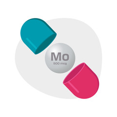 Opened supplement capsule revealing the active ingredient, Molybdenum (Mo), with a dose. Vector illustration.