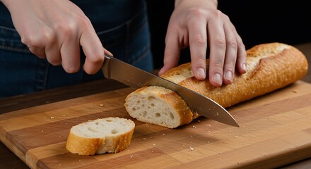 Close-up of hands expertly slicing a rustic baguette on a wooden cutting board against a dark background The image evokes feelings of home-baking and culinary expertise