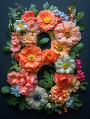 Number eight formed by colorful flowers and leaves on dark background