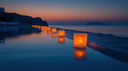Coastal poolside lanterns at sunrise, reflecting in the water, with island view