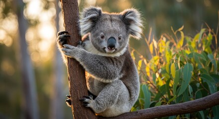 Fototapeta premium Adorable Koala on Tree Branch - Cute koala bear sitting on a tree branch with a transparent background. Perfect for design projects