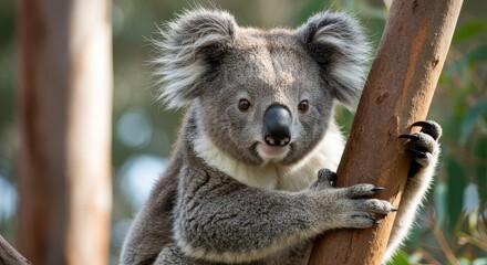 Obraz premium Adorable Koala on Tree Trunk - Cute koala bear clinging to a tree trunk, transparent background. Perfect for websites, presentations, and designs