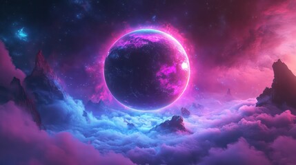 A Glowing Planet Floats Above Cloudy Mountains In Space