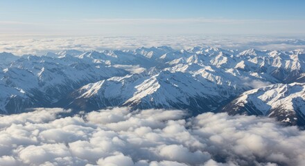 Fototapeta premium Aerial View of Snow-Capped Mountains - Stunning aerial shot of snow covered mountain peaks above a sea of clouds. Perfect for travel, nature, or winter themed projects