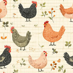 Colorful and charming seamless pattern featuring various friendly chickens among delicate floral elements. Seamless pattern. Generative AI