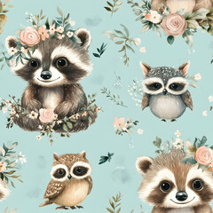 Fototapeta premium Cute woodland creatures in a floral seamless pattern for playful and whimsical designs. Seamless pattern. Generative AI