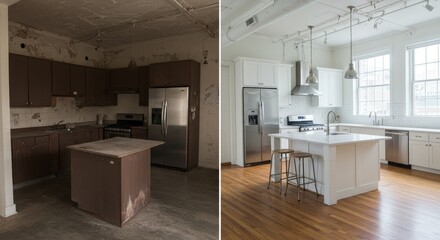 Before And After Kitchen Renovation Studio Room - Transparent background showcasing a kitchen transformation. Five concepts: renewal, design, space, functionality
