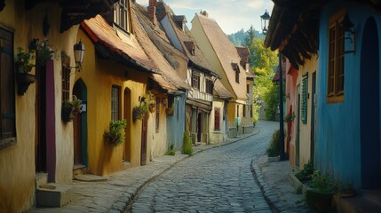 Obraz premium Narrow Cobblestone Street in a European Village with Vibrant Buildings